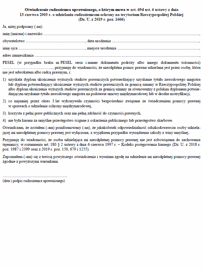 Oświadczenia cudzoziemców uprawnionych, o których mowa w art. 69d ust. 4-6 ustawy z dnia 13 czerwca 2003 r. o udzielaniu cudzoziemcom ochrony na terytorium RP