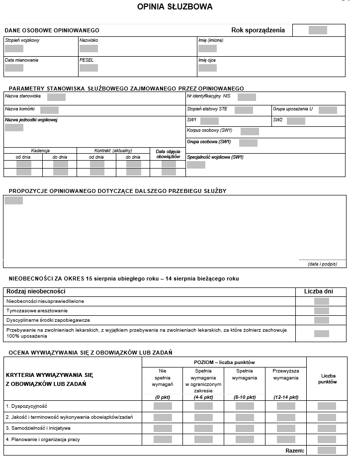 Opinia służbowa żołnierza zawodowego - WZÓR FORMULARZA