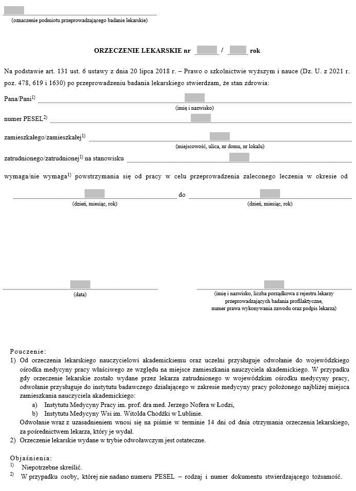 Wzory orzekania o stanie zdrowia nauczyciela akademickiego na potrzeby udzielenia urlopu dla poratowania zdrowia