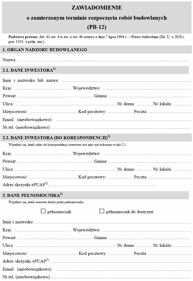 Zawiadomienie o zamierzonym terminie rozpoczęcia robót budowlanych (PB-12)