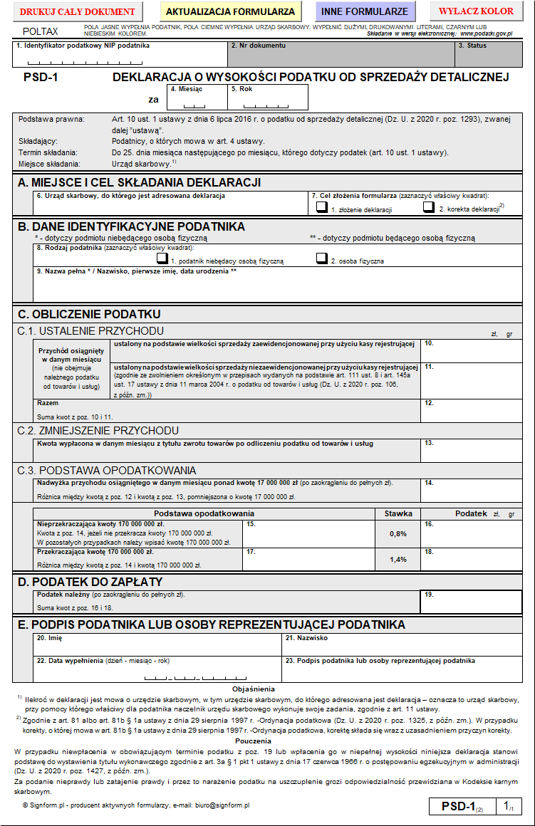 PSD-1 Deklaracja o wysokości podatku od sprzedaży detalicznej