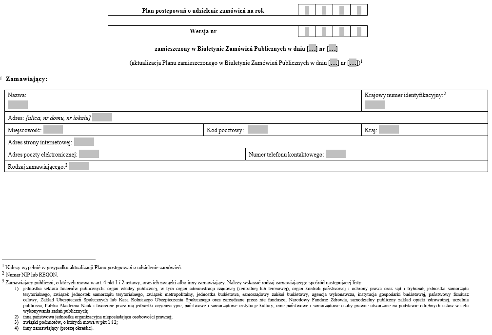 Plan postępowań o udzielenie zamówień publicznych - WZÓR FORMULARZA