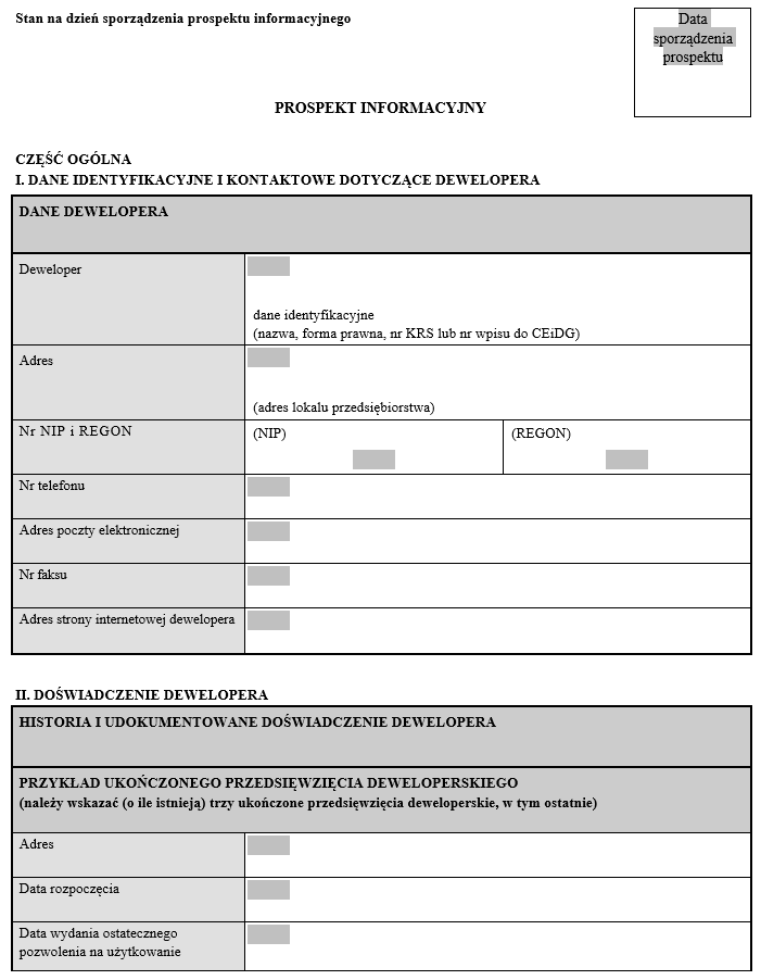 Prospekt informacyjny dewelopera (dotyczy ustawy o ochronie praw nabywcy lokalu mieszkalnego lub domu jednorodzinnego)