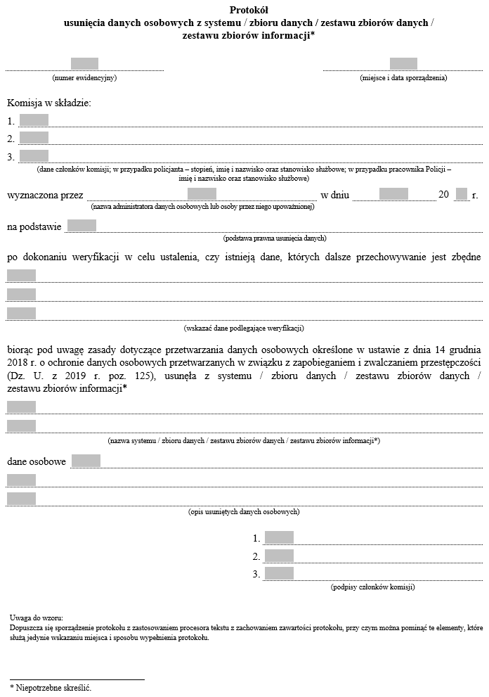 Protokół likwidacji systemu / zbioru danych / zestawu zbiorów danych / zestawu zbiorów informacji