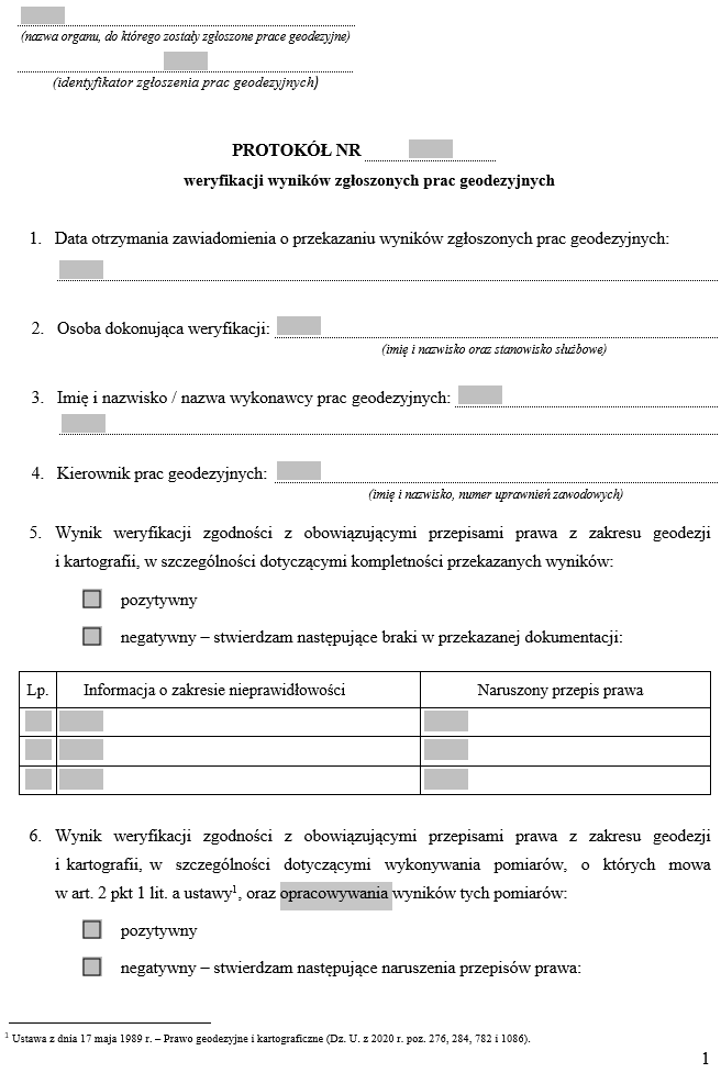 Zgłoszenie prac geodezyjnych, Zawiadomienie o przekazaniu wyników zgłoszonych prac geodezyjnych, Protokół weryfikacji wyników zgłoszonych prac geodezyjnych