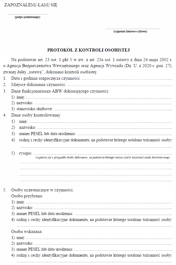 Protokół z kontroli osobistej (ABW), Protokół z przeglądania zawartości bagażu lub ze sprawdzania ładunku (ABW)
