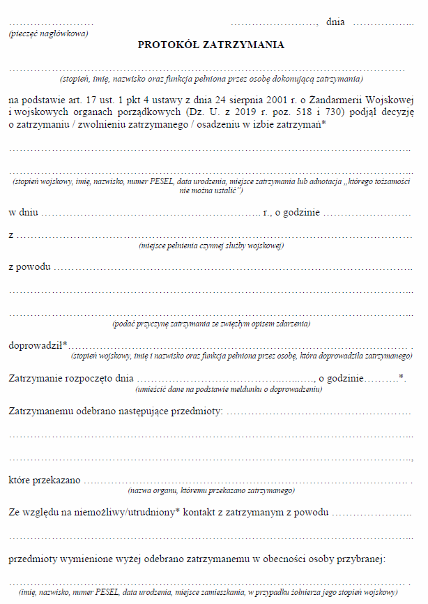 Meldunek o doprowadzeniu / Protokół zatrzymania przez Żandarmerię Wojskową