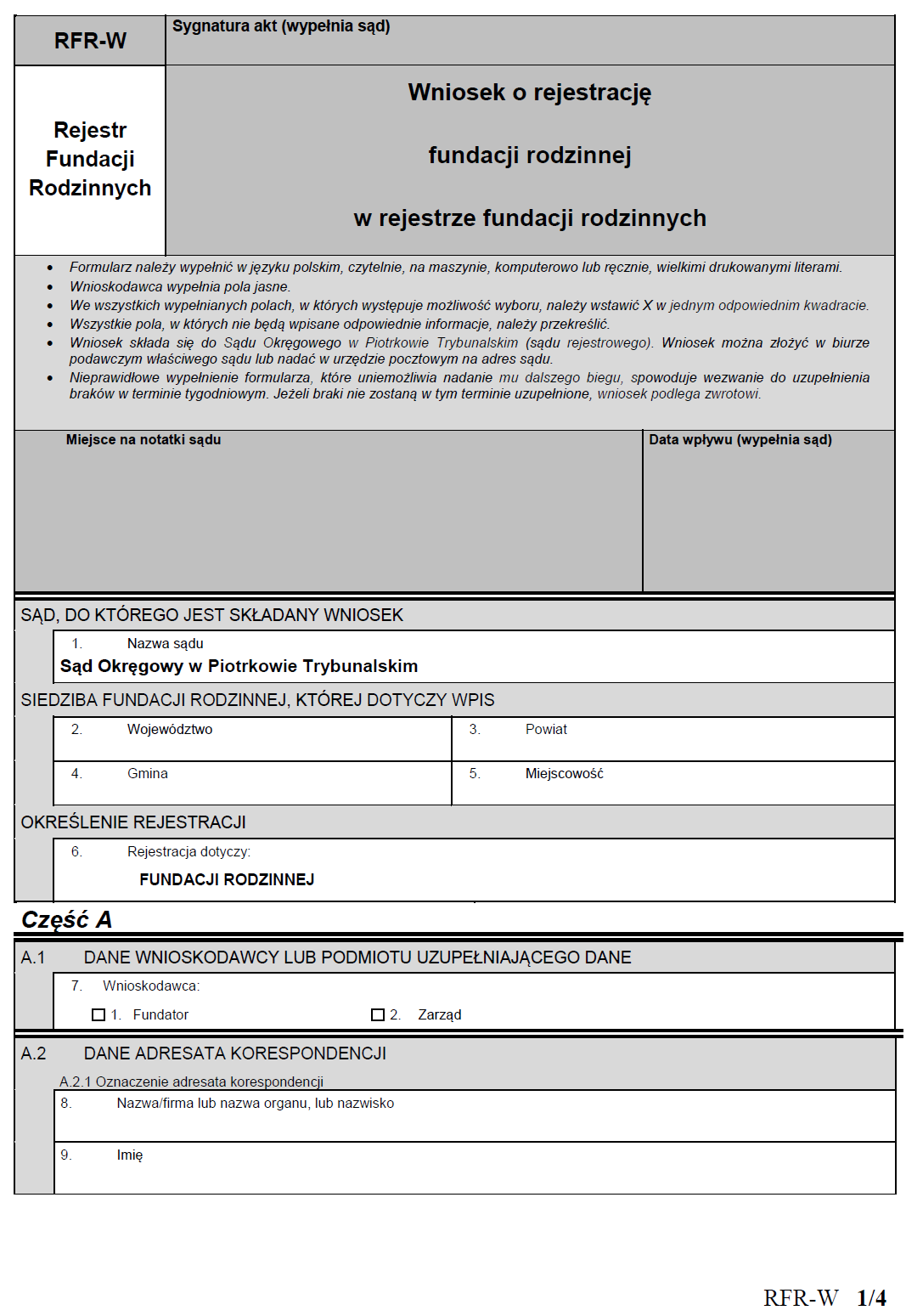 Formularze wniosków o wpis do rejestru fundacji rodzinnych
