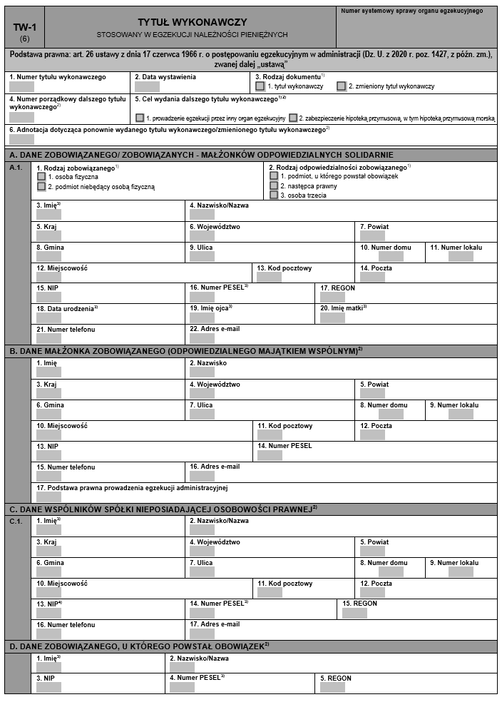 TW-1 Tytuł wykonawczy (wersja 6) - NOWY WZÓR obowiązujący od dnia 5 maja 2021 r.