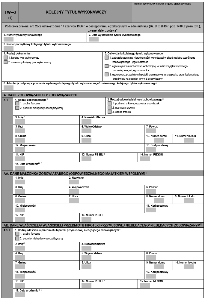 Wzory tytułów wykonawczych stosowanych w egzekucji administracyjnej: TW-1, TW-2, TW-3