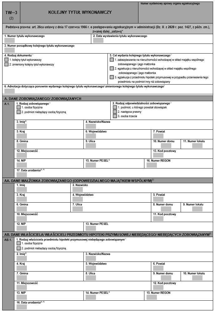 NOWE wzory tytułów wykonawczych stosowanych w egzekucji administracyjnej: TW-1, TW-2 i TW-3