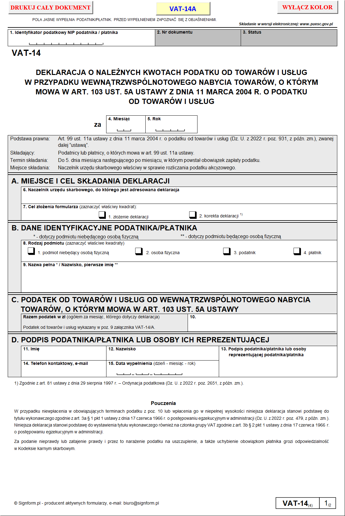 VAT-14 (4) - Nowa wersja formularza obowiązująca od dnia 1 czerwca 2023 r.