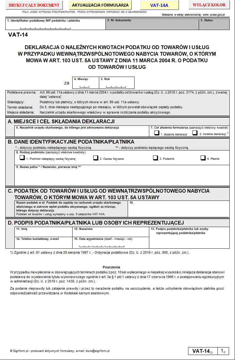 VAT-14 (3) Deklaracja obowiązująca od dnia 1 listopada 2019 r.