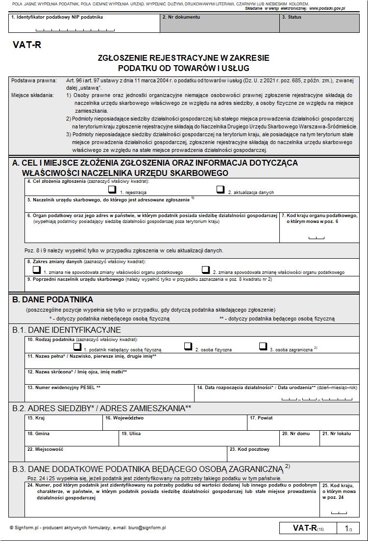 VAT-R (15) - Nowa wersja formularza VAT-R obowiązująca od dnia 1 lipca 2021 r.