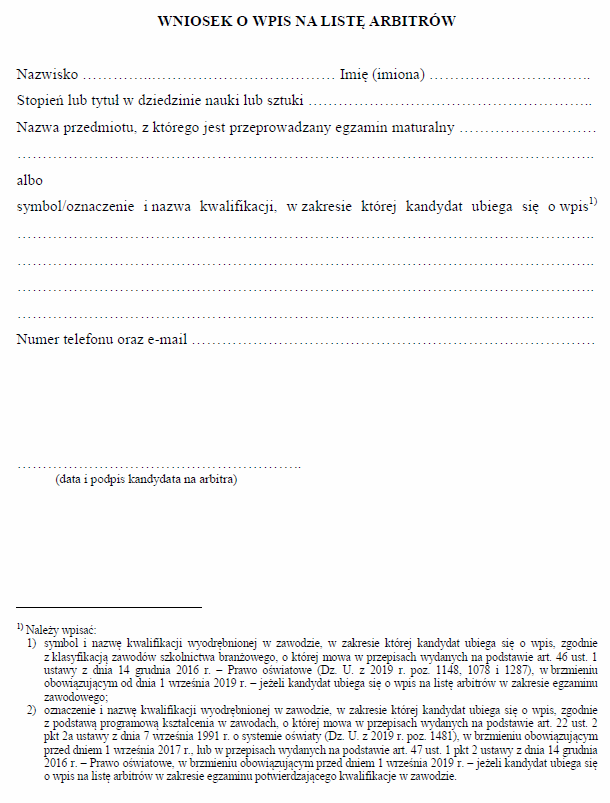 Wniosek o wpis na listę arbitrów Kolegium Arbitrażu Egzaminacyjnego