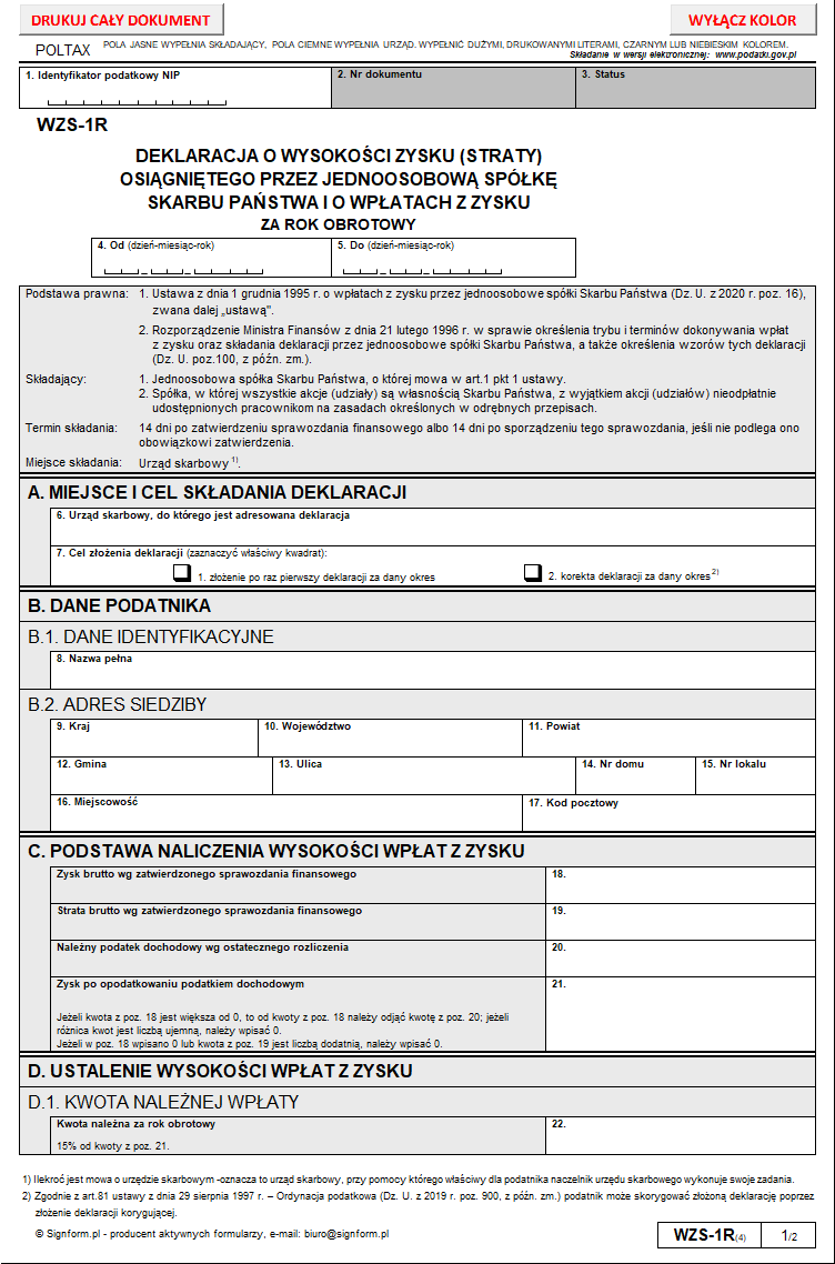 Nowe wzory WZS-1M, WZS-1K, WZS-1R, deklaracji o wysokości zysku (straty) osiągniętego przez jednoosobową spółkę skarbu państwa