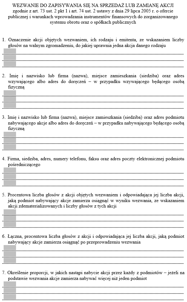 Wzory wezwań do zapisywania się na sprzedaż lub zamianę akcji spółki publicznej - Pobierz formularze