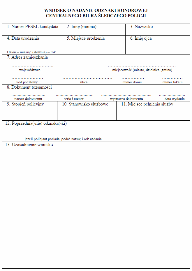 Wniosek o nadanie odznaki honorowej Centralnego Biura Śledczego Policji