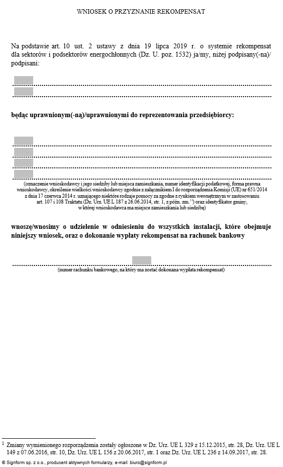 Wniosek o przyznanie rekompensat dotyczących instalacji sektorów i podsektorów energochłonnych