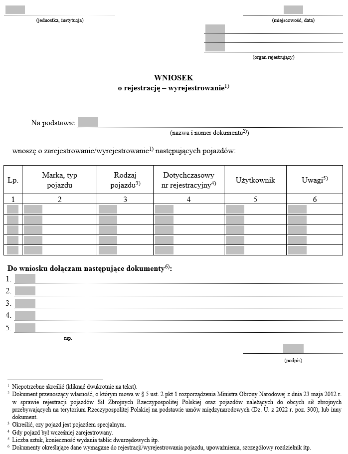 Wniosek o rejestrację - wyrejestrowanie pojazdu Sił Zbrojnych Rzeczypospolitej Polskiej