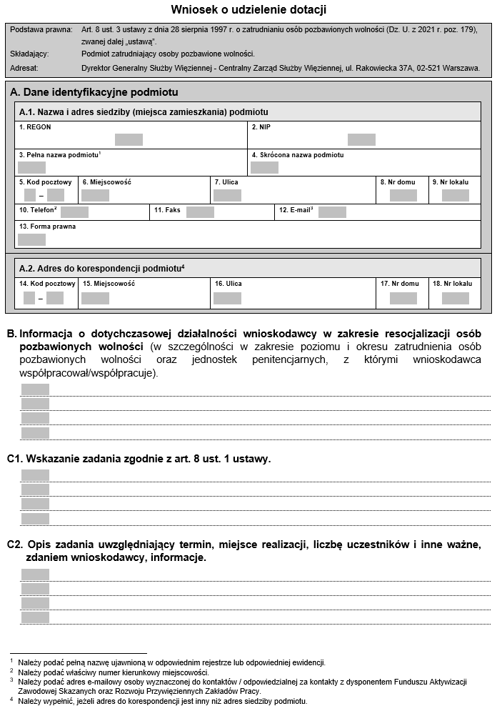 Wzory wniosku/ dotacji o udzielenie pożyczki z Funduszu Aktywizacji Zawodowej Skazanych