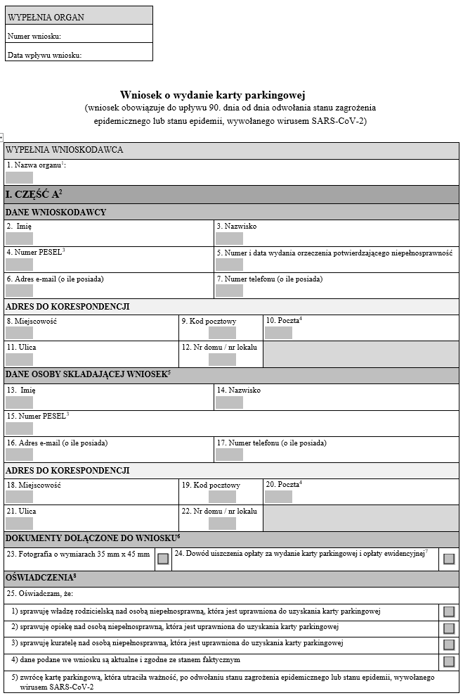 Wniosek o wydanie karty parkingowej