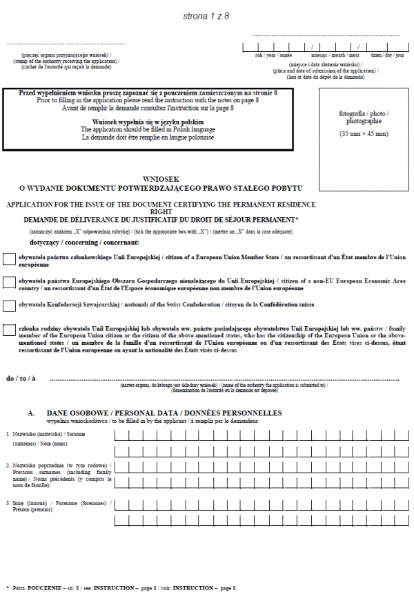 Formularze dotyczące prawa stałego pobytu w Polsce obywateli Unii Europejskiej oraz członków ich rodzin