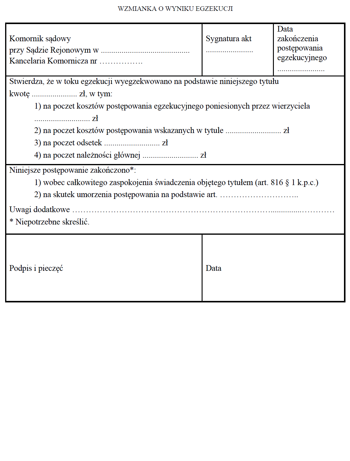 Wzór formularza Wzmianki o wyniku egzekucji komorniczej