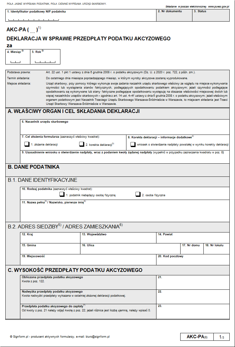 Deklaracje podatkowe w sprawie podatku akcyzowego lub w sprawie przedpłaty podatku akcyzowego - 2022 r.