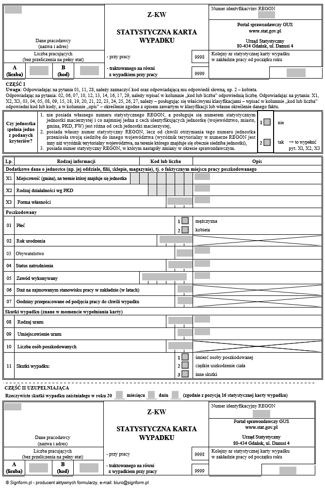 Nowy wzór Z-KW Statystyczna karta wypadku 
