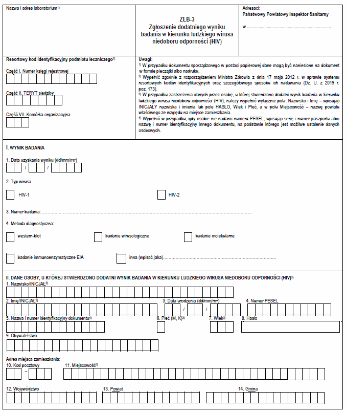 ZLB-1, ZLB-2, ZLB-3: Wzory zgłoszeń dodatniego wyniku badań w kierunku: biologicznych czynników chorobotwórczych, gruźlicy, ludzkiego wirusa niedoboru odporności (HIV)
