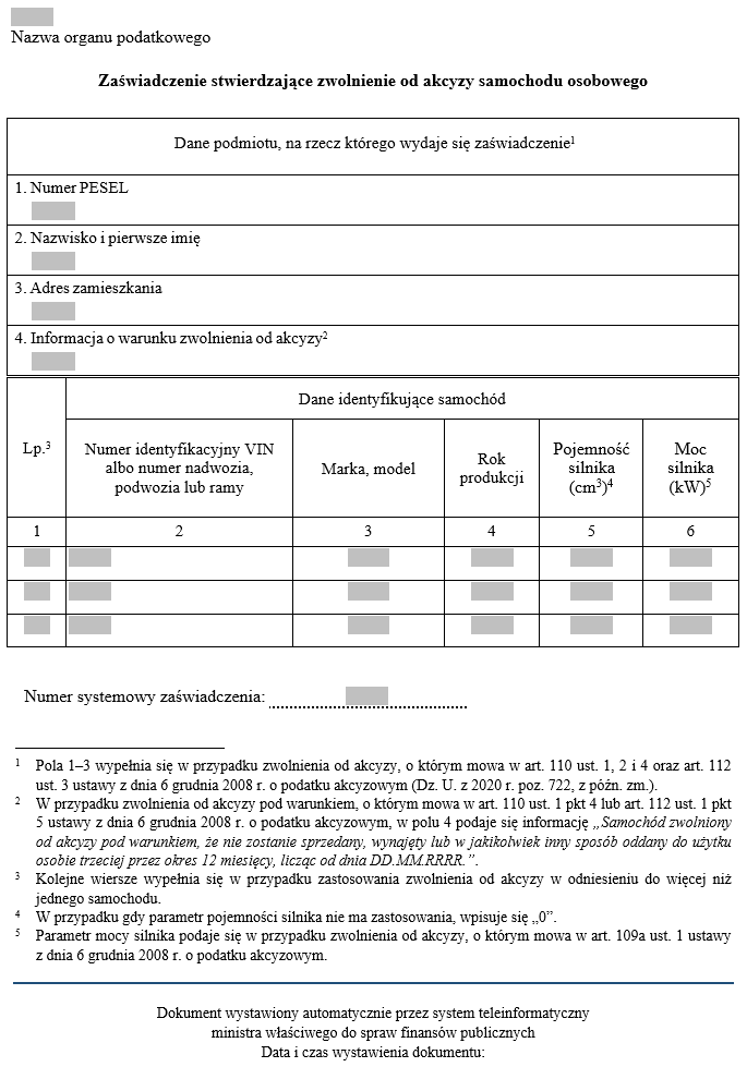 Wzory dokumentów potwierdzających zapłatę / brak zapłaty akcyzy od samochodu osobowego