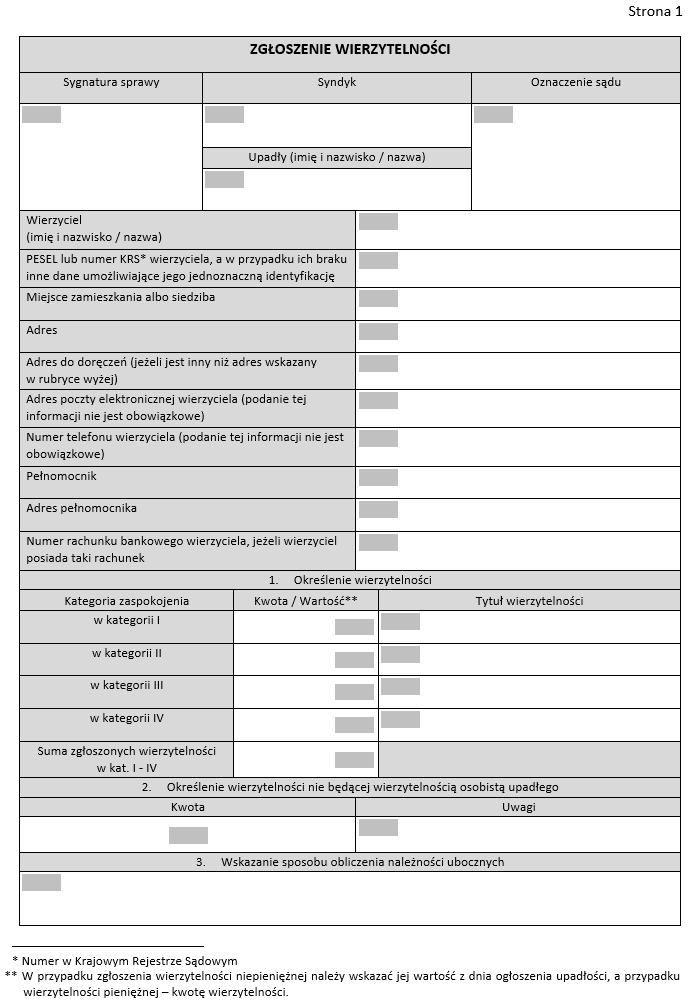 Zgłoszenie wierzytelności - NOWY WZÓR FORMULARZA