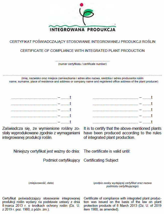 Certyfikat poświadczający stosowanie integrowanej produkcji roślin