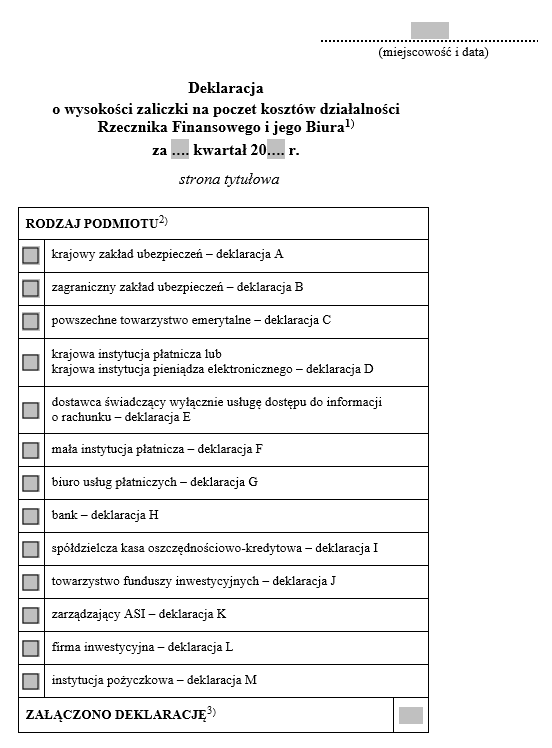 Deklaracja o wysokości zaliczki na poczet kosztów działalności Rzecznika Finansowego i jego Biura