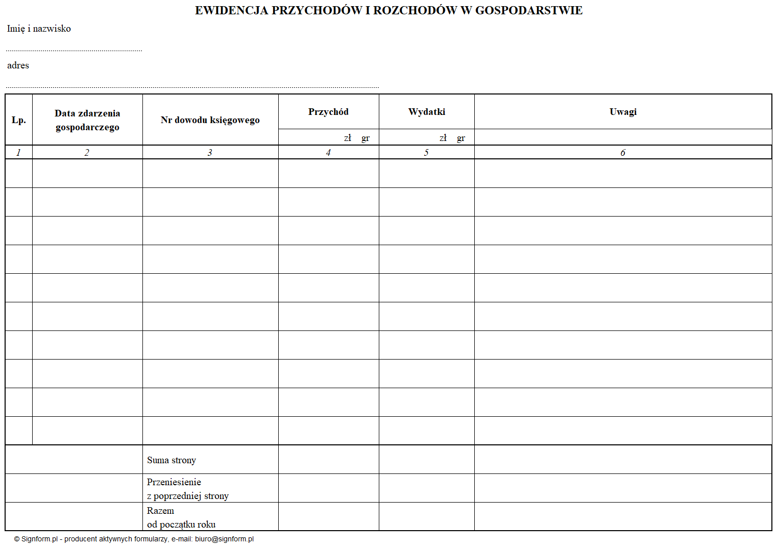Ewidencja przychodów i rozchodów w gospodarstwie - Wzór formularza