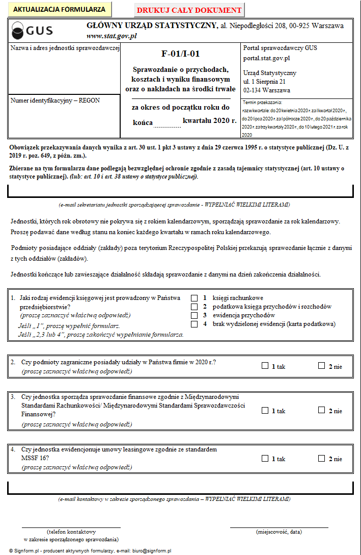 Nowe wersje formularzy GUS: F-01/I-01 i F-01/s - 2020 r.