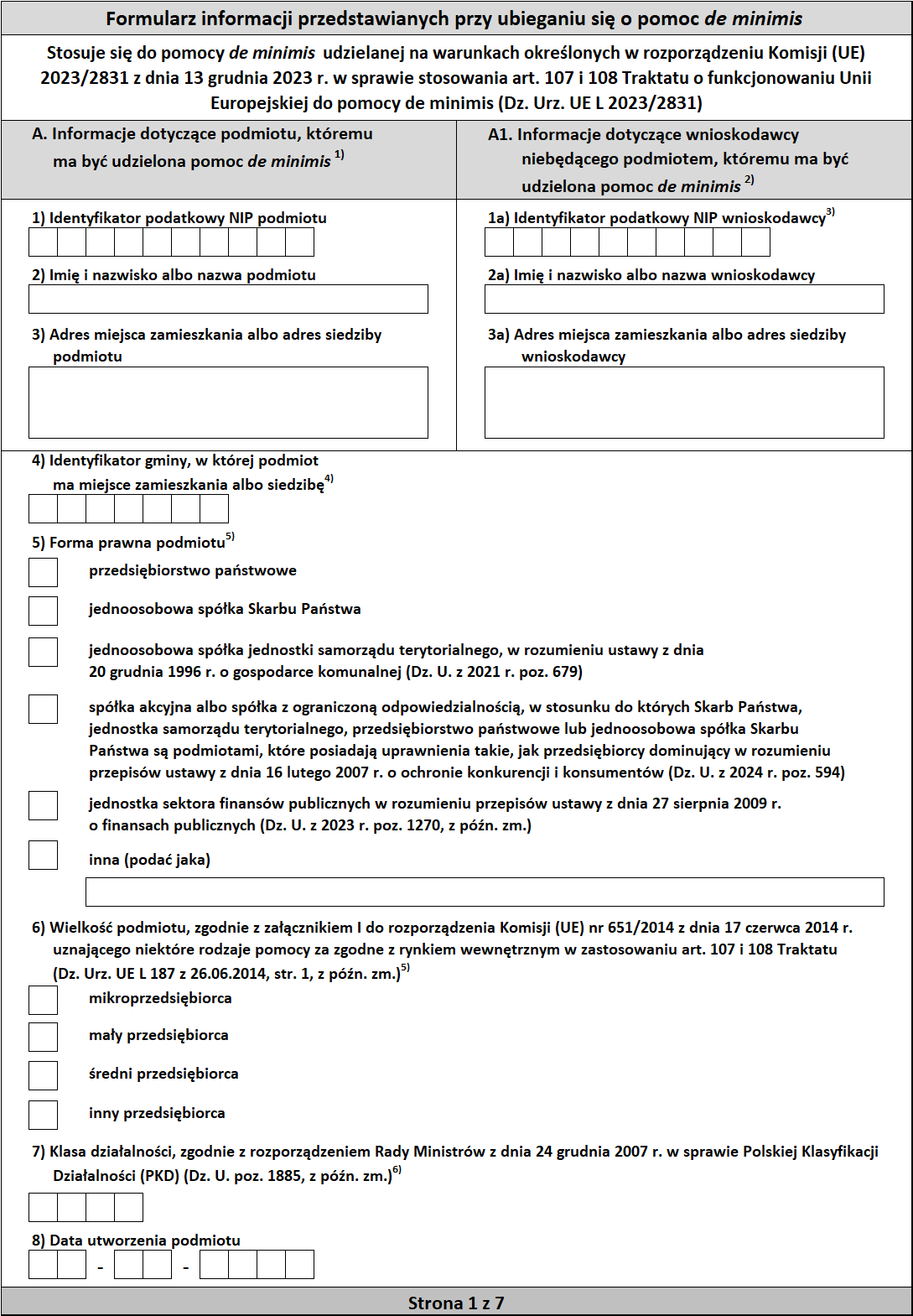 Formularze informacji przedstawianych przy ubieganiu się o pomoc De Minimis