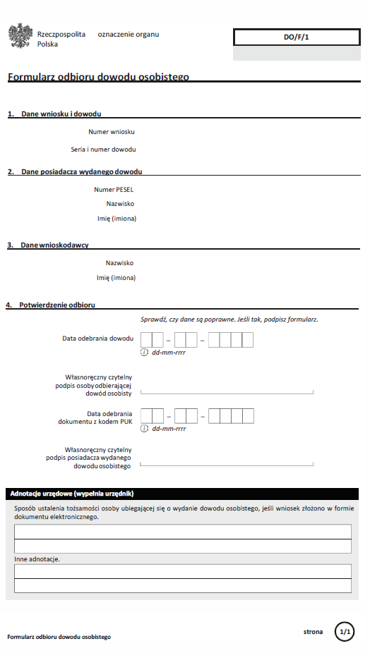 Wzory dotyczące wydawania, odbioru, utraty, uszkodzenia, unieważnienia lub zwrotu dowodu osobistego