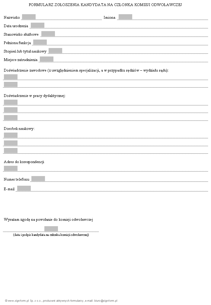 Formularz zgłoszenia kandydata na członka komisji egzaminacyjnej II stopnia przy Ministrze Sprawiedliwości do spraw odwołań od wyników egzaminu notarialnego