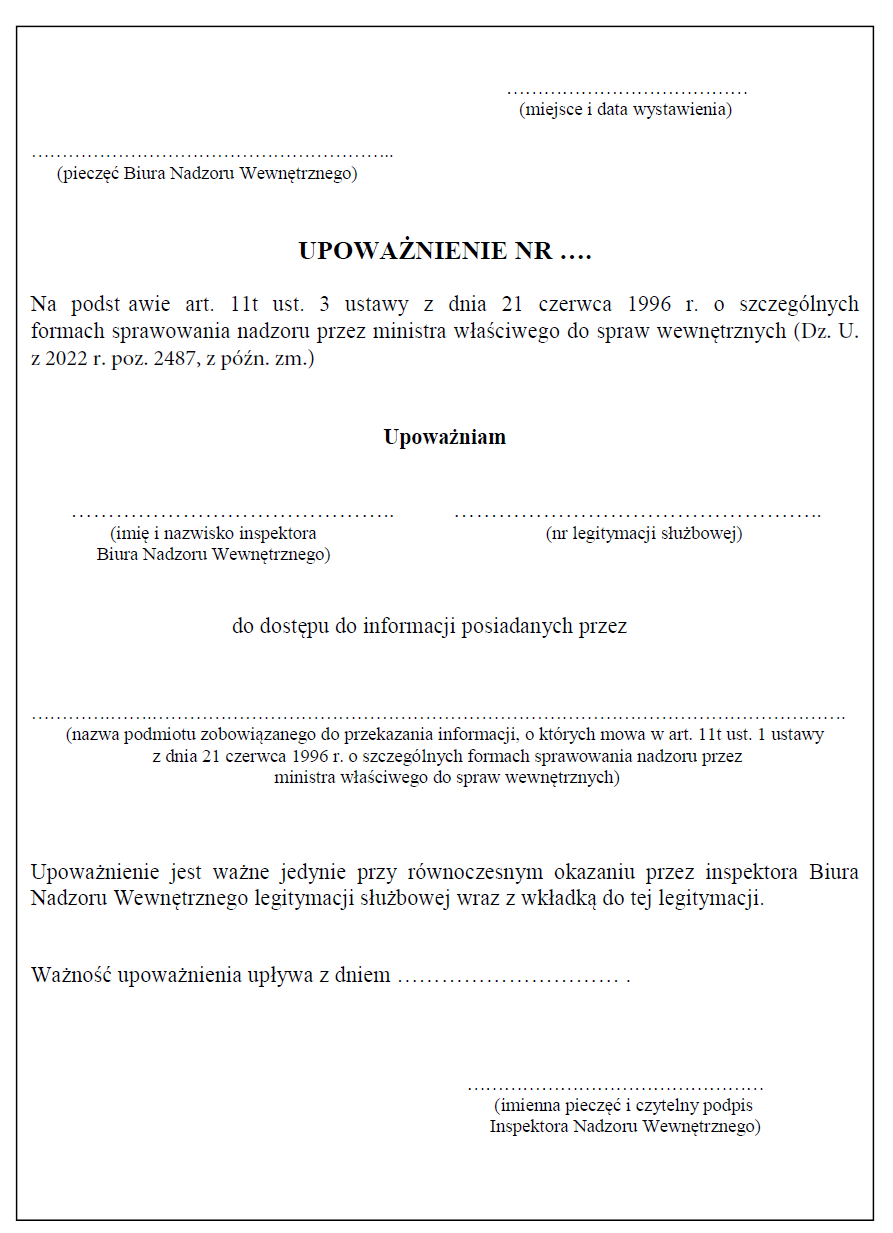 Wzór Imiennego upoważnienia inspektora Biura Nadzoru Wewnętrznego do dostępu do informacji