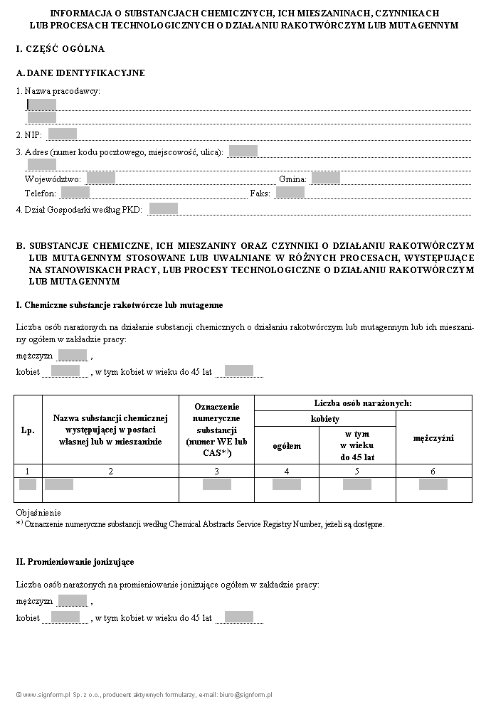 Informacja o substancjach chemicznych, ich mieszaninach, czynnikach lub procesach technologicznych o działaniu rakotwórczym lub mutagennym - Wzór formularza