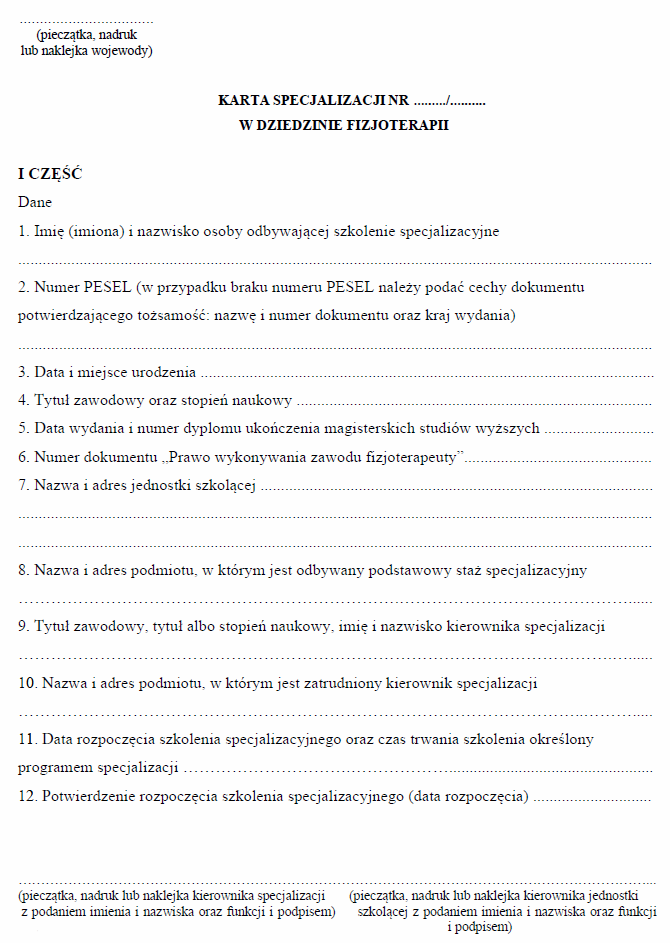 Karta specjalizacji w dziedzinie fizjoterapii i Oświadczenie członka zespołu egzaminacyjnego fizjoterapeutów