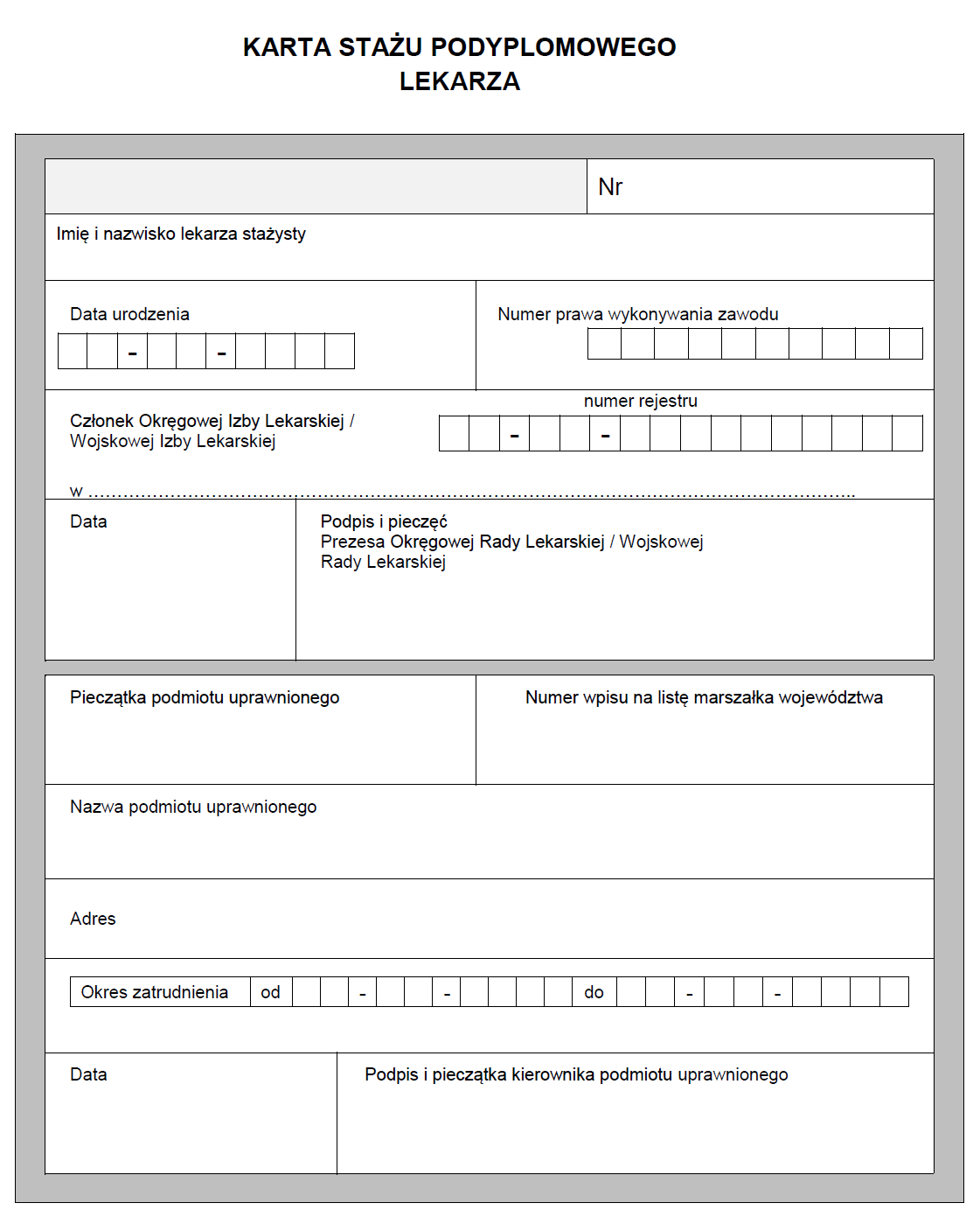 Karta stażu podyplomowego lekarza / lekarza dentysty - Nowe wzaory
