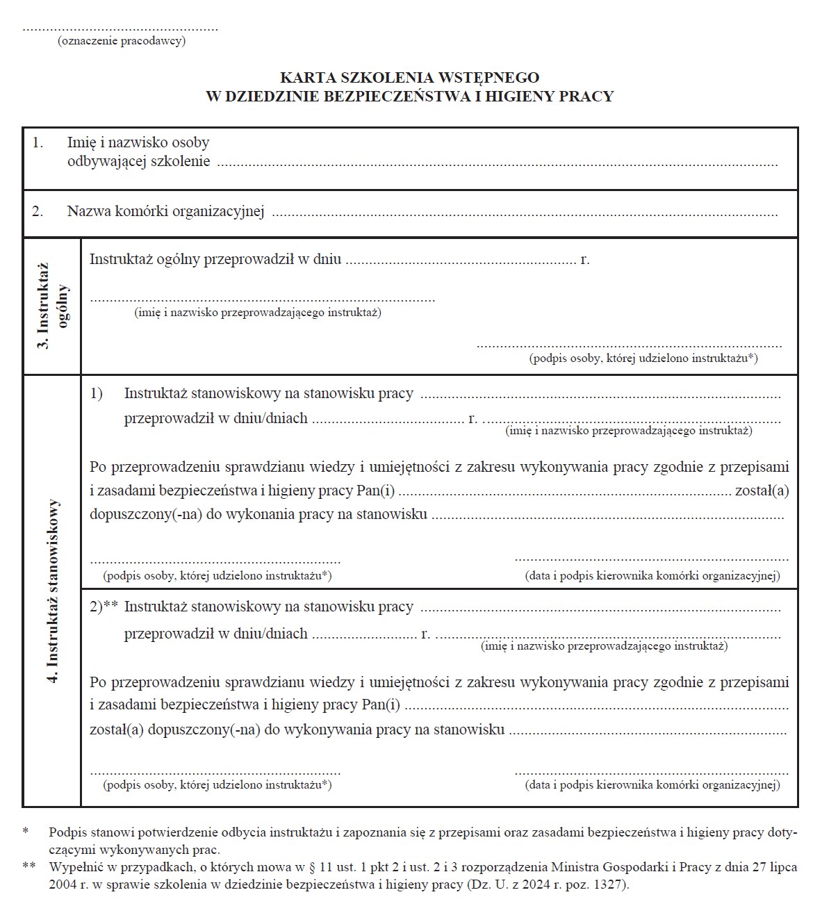 Karta szkolenia wstępnego i zaświadczenie o ukończeniu szkolenia w dziedzinie bezpieczeństwa i higieny pracy