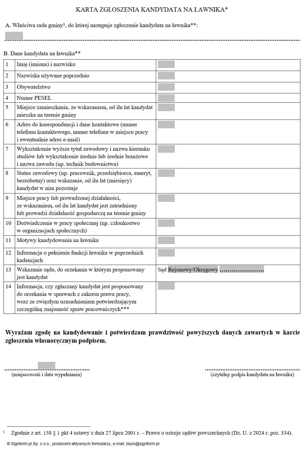 Karta zgłoszenia kandydata na ławnika