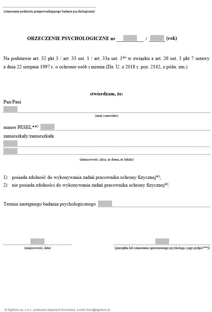 Orzeczenie lekarskie / psychologiczne - Pracownicy Ochrony Fizycznej WZORY