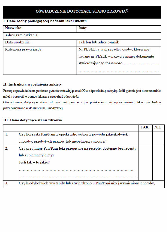 Wzory formularzy badań lekarskich osób ubiegających się o uprawnienia do kierowania pojazdami