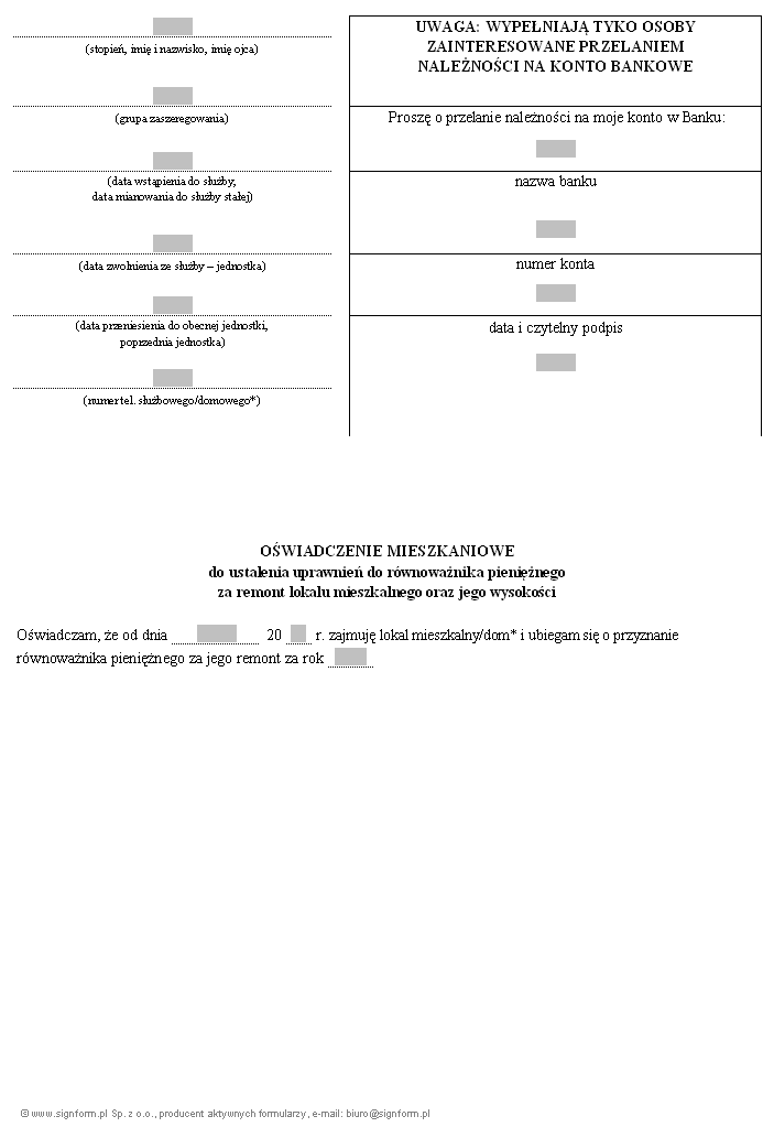 Oświadczenie mieszkaniowe do ustalenia uprawnień policjanta do równoważnika pieniężnego za remont lokalu mieszkalnego oraz jego wysokości