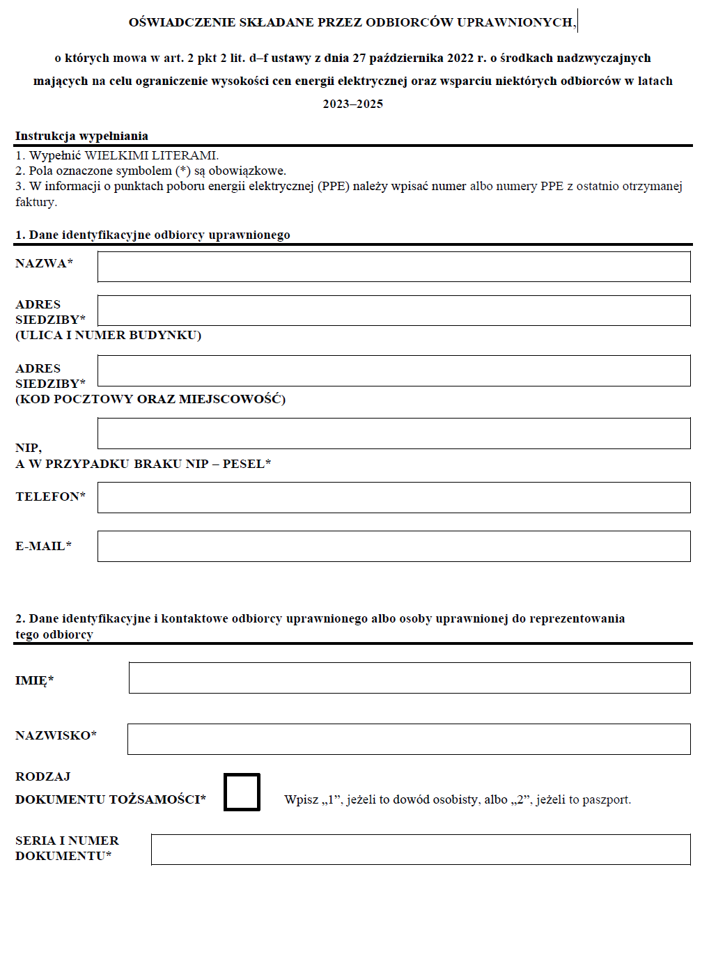 Oświadczenie składane przez odbiorców uprawnionych mających na celu ograniczenie wysokości cen energii elektrycznej oraz wsparciu niektórych odbiorców w latach 2023-2025